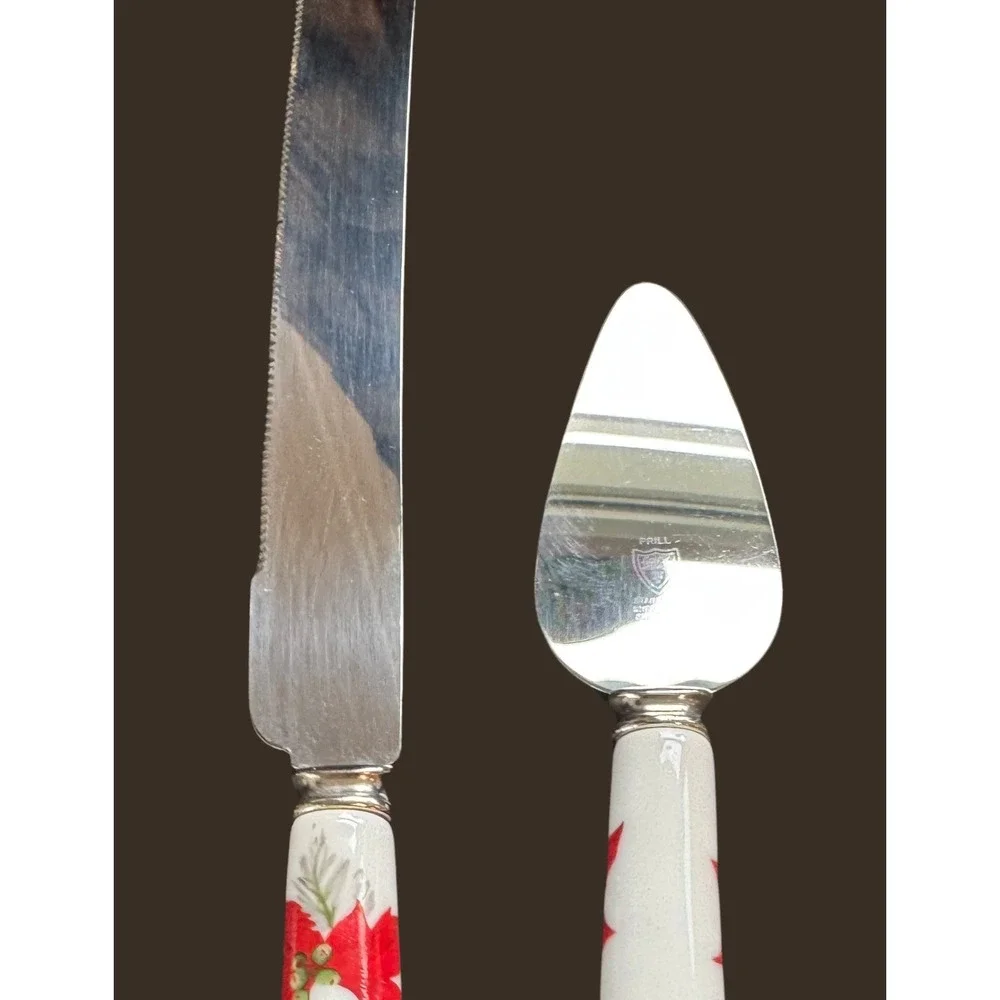 Prill Sheffield England Stainless Poinsettia Porcelain Handle 4pc Serving Set